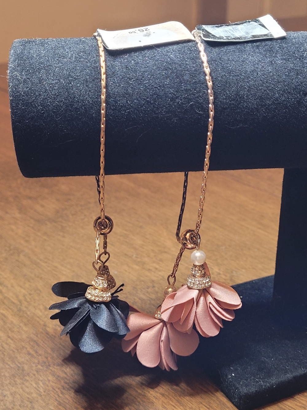 Silver Pink and Black Gold Floral & Rhinestones Charms Adjustable Bracelets